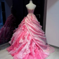 Hot Pink Ombre Strapless Ball Gown Beaded Lace 3D Rose Ruffle Tulle Prom Dress  NV6951