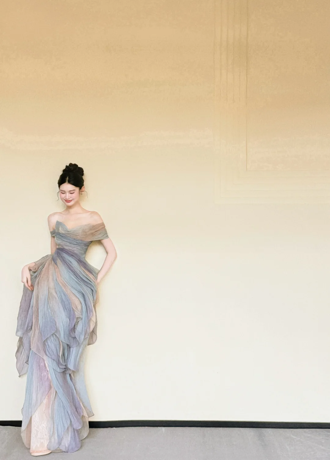 Off Shoulder Watercolor Ombre Ruffle Tulle Prom Gown  NV7417