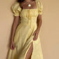 Gelbes elegantes langes Puffärmel-Schlitz-Abschlussballkleid Geburtstagskleid Abendkleid Hochzeitsgastkleid nv1710