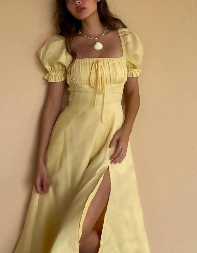Gelbes elegantes langes Puffärmel-Schlitz-Abschlussballkleid Geburtstagskleid Abendkleid Hochzeitsgastkleid nv1710
