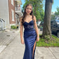 Blue spaghetti straps stylish elegant beaded lace long slit prom dress evening gown party dress nv2514