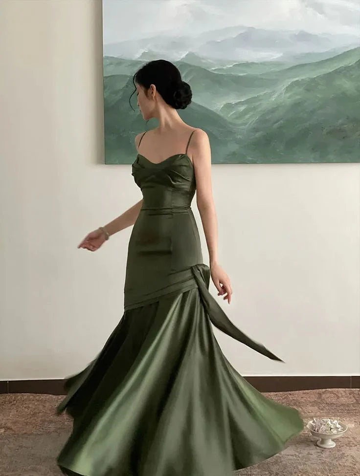 Grünes Satin Meerjungfrau Langes Herzausschnitt Abendkleid Ballkleid Partykleid nv1775