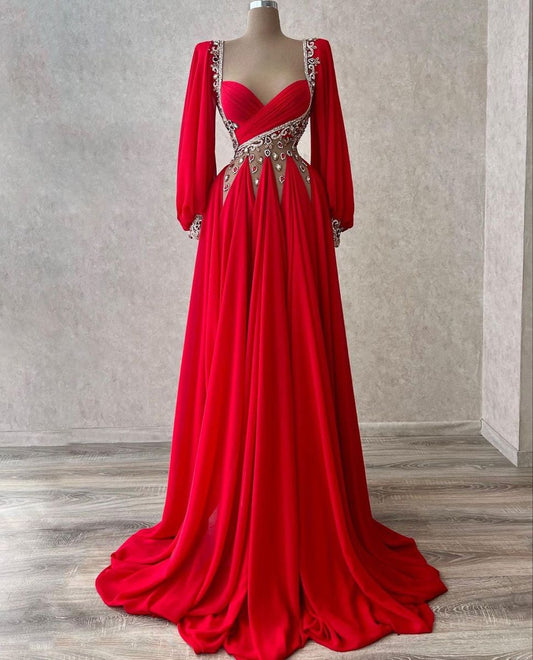 NiceVestidos-Red, Delicately Beaded, Long-Sleeved Satin Formal Dress NV6139