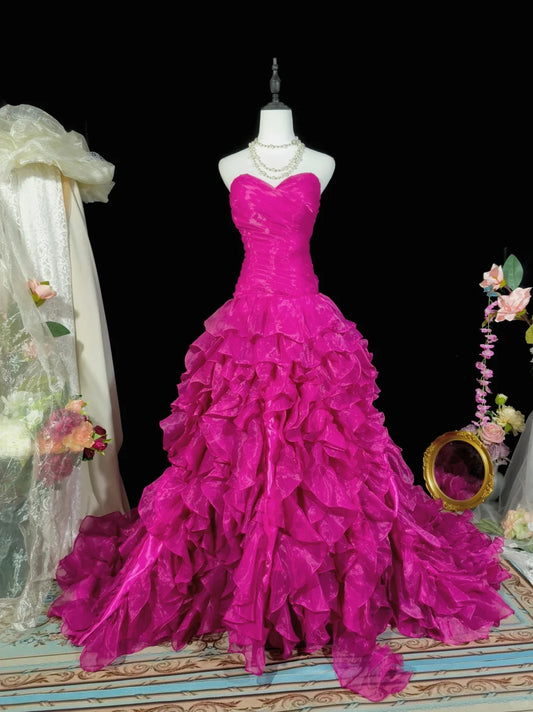 Dunkelrosa stilvolles elegantes langes Ballkleid-Abendkleid aus Tüll nv4777