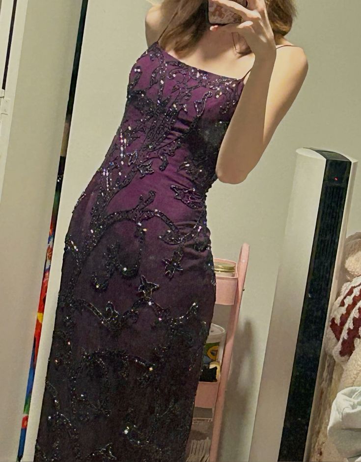 Purple Gorgeous Shiny Exquisite Beaded Spaghetti Straps Long Elegant Sexy Back Slit Satin Ball Gown Evening Dress nv3271