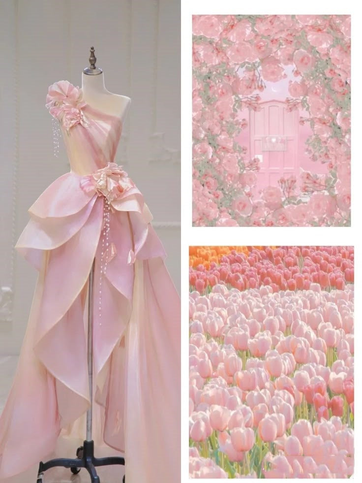Pink Pretty Fashion Elegant Exquisite Beaded Flower Fairy Off-the-shoulder Satin Long Tulle Floor-length Ball Gown Sequined Evening Dress nv3821
