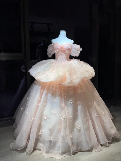 Light Pink Off Shoulder Tulle Ball Gown, Puff Sleeve Corset Dress with 3D Flowers  NV7084