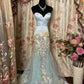 Blau Süßes Elegantes Zartes Blumen Perlen Langes Tüll Meerjungfrau Slim Fit Bodenlanges Schleppendes Ballkleid Abendkleid Partykleid nv4131