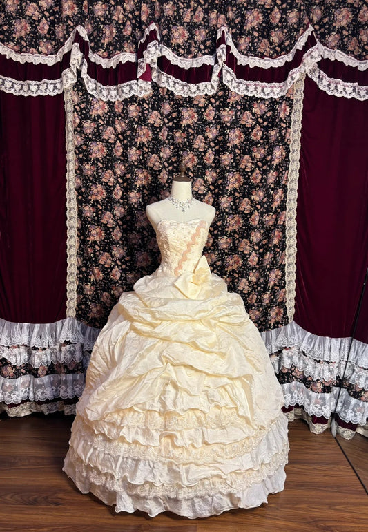 Cremegelbes, wunderschönes, süßes und niedliches, exquisites, mit Perlen besetztes, langes, bodenlanges Tüll-Prinzessinnen-Kuchenkleid, Ballkleid, Abendkleid, Kleid zum 16. Geburtstag, Kleid zum Erwachsenwerden, NV4019