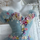 Robe de bal de princesse sans bretelles, motif floral 3D bleu clair, inspirée du jardin de Cendrillon (NV6844)