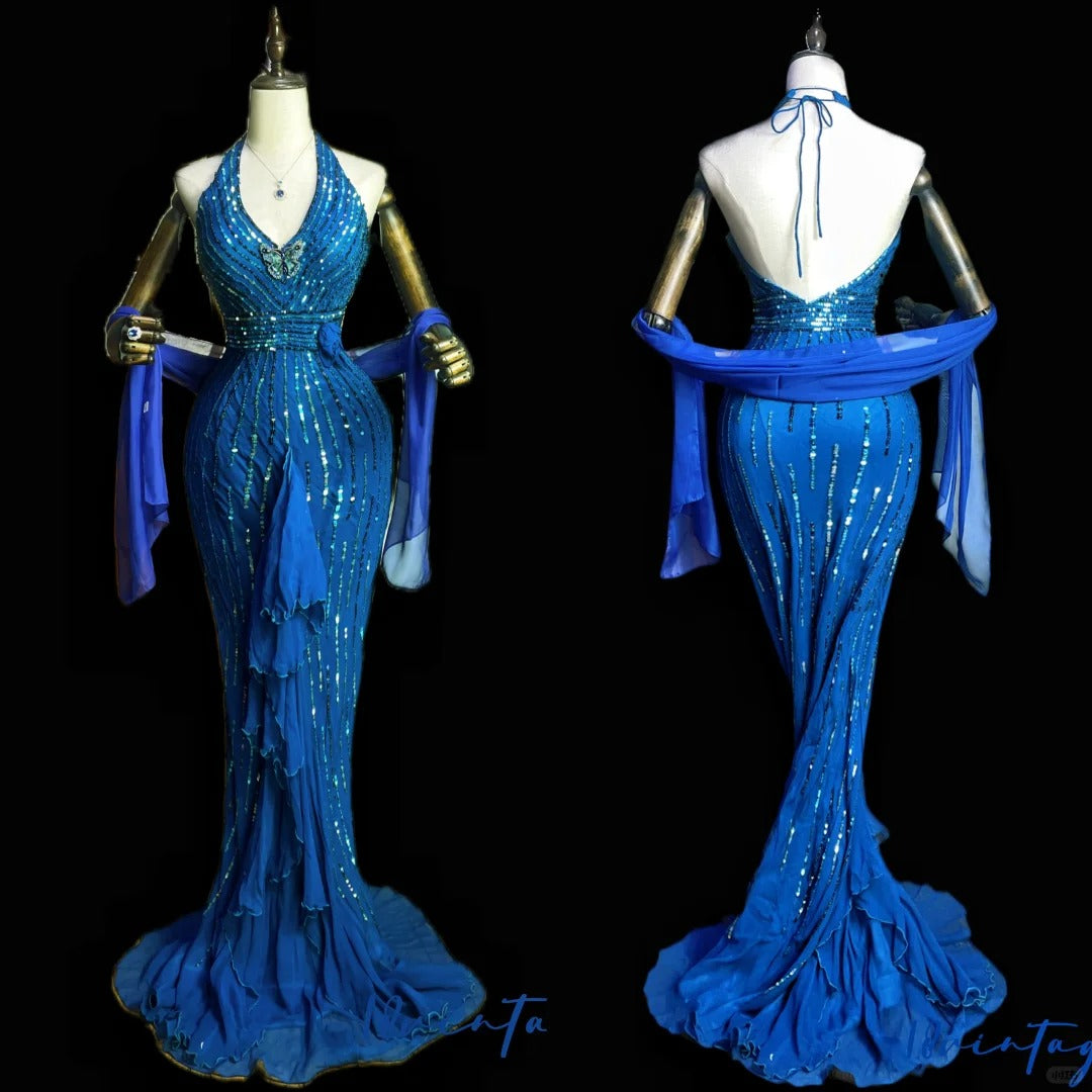 Blue Luxury Gorgeous Shiny Vintage Fashion Floral Exquisite Beaded Sequins Long Mermaid Slim Fit Chiffon Ball Gown Evening Gown nv4061