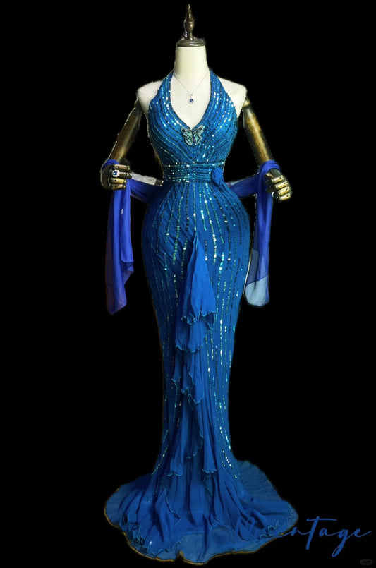 Blue Luxury Gorgeous Shiny Vintage Fashion Floral Exquisite Beaded Sequins Long Mermaid Slim Fit Chiffon Ball Gown Evening Gown nv4061