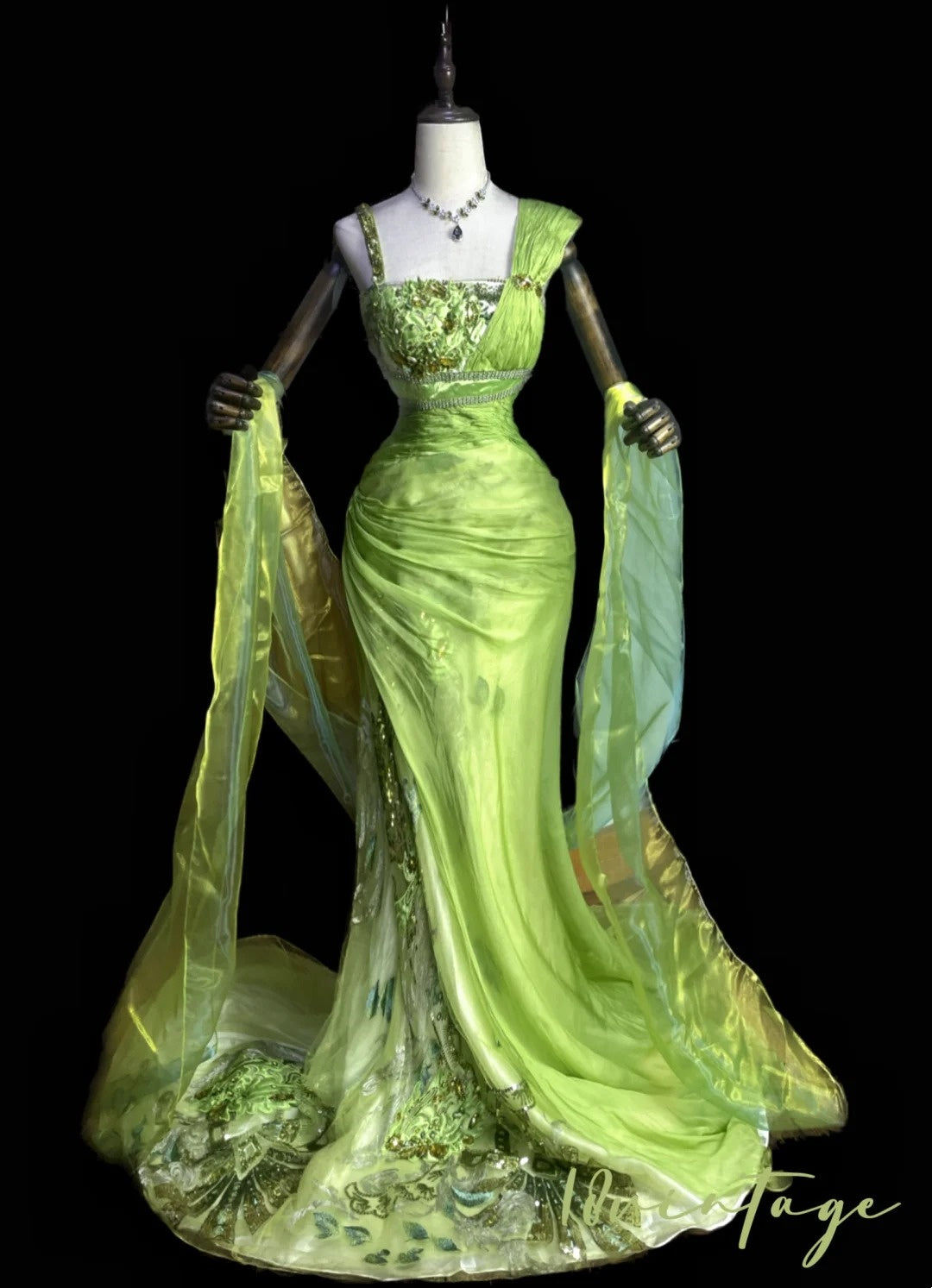 Green Luxury Gorgeous Shiny Vintage Fashion Floral Exquisite Beaded Sequins Long Mermaid Slim Fit Chiffon Ball Gown Evening Gown nv4062