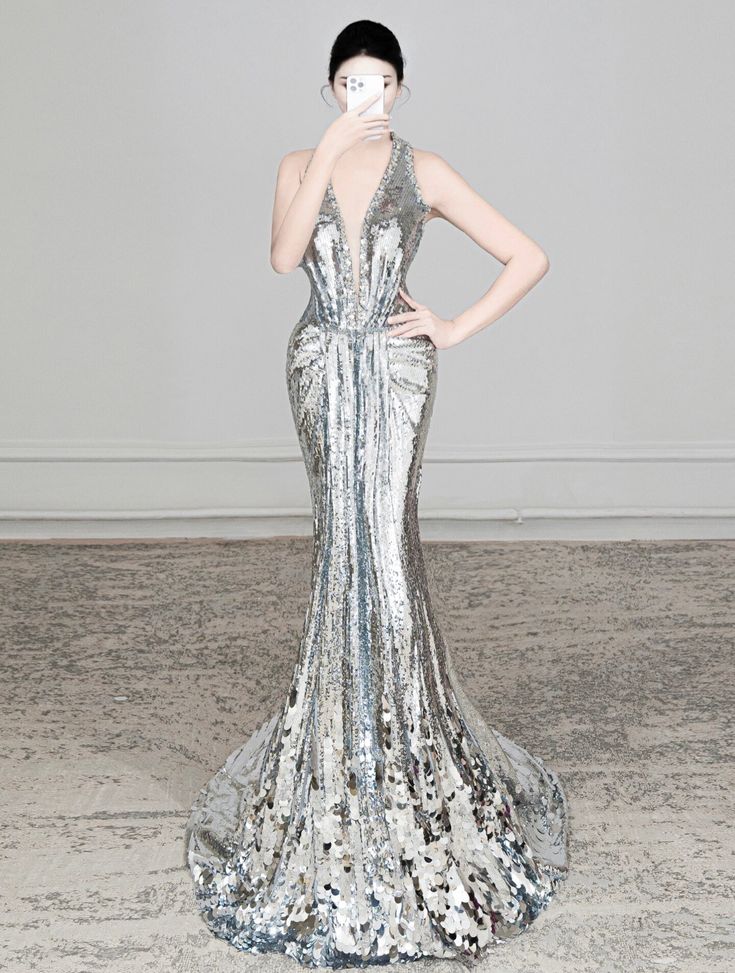 Robe de soirée longue et élégante, argentée, brillante, style sirène, épaules dénudées, paillettes, robe de bal, robe de bal nv3855