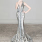 Robe de soirée longue et élégante, argentée, brillante, style sirène, épaules dénudées, paillettes, robe de bal, robe de bal nv3855