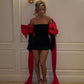 Robe courte noire à manches en ruban avec nœud rouge, mini robe de soirée, robe de soirée, robe de soirée, nv2742