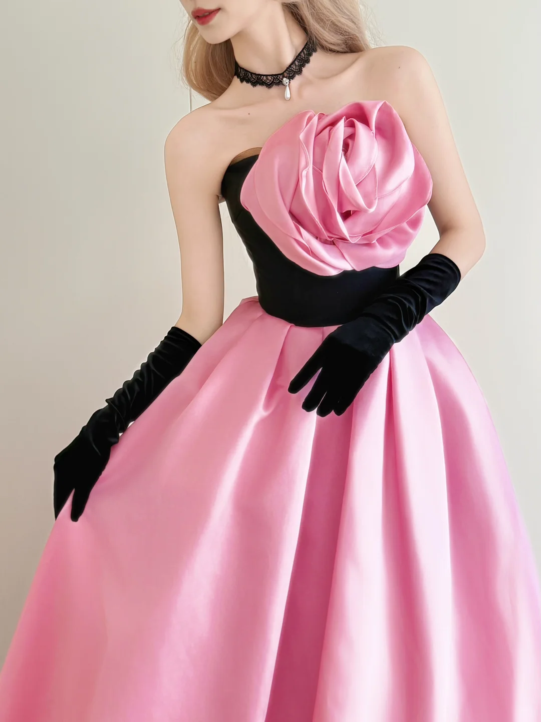 Black Pink Strapless Satin Ball Gown 3D Rose Prom Dress  NV7174