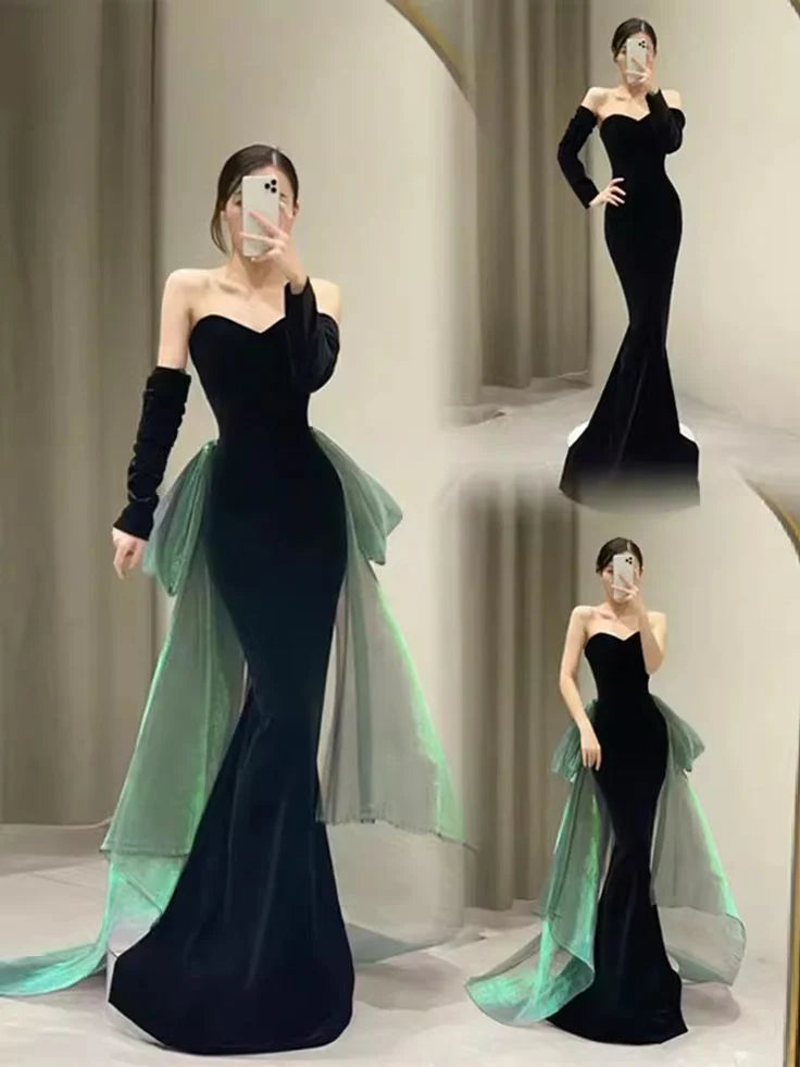 Black Sexy Elegant Off Shoulder Mermaid Long Velvet Ball Gown with Sleeves Evening Dress Party Dress nv2326