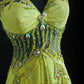 NiceVestidos – Verträumtes, handgefertigtes, mit Perlen besetztes, nischenhaftes Waldmärchen-Naturkunst-Kleid, glamouröses, gelbgrünes Chiffon-Kleid mit Neckholder und Perlen, enganliegendes, langes Ballkleid NV5793