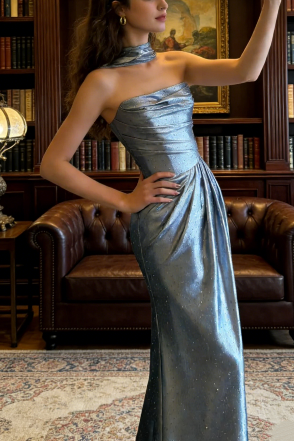 Silver-Blue Halter Cowl Neck Gown - Knot Corset Mermaid Evening/Red Carpet/Date Maxi Dress NV6822