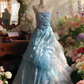 Light Blue Strapless Beaded Gown - Knot Layered Train Evening/Theme Party/Prom Maxi Dress NV6818