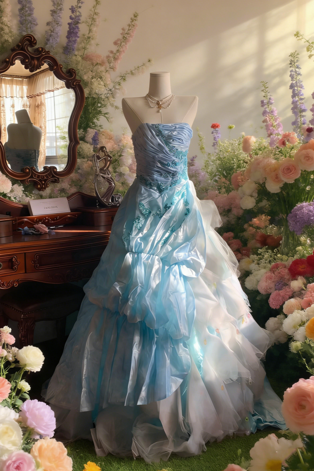 Light Blue Strapless Beaded Gown - Knot Layered Train Evening/Theme Party/Prom Maxi Dress NV6818