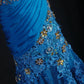 Fantasieblaues, exquisites, florales Perlen-Langspitzen-Satin-Ballkleid, Partykleid, Vintage, NV5211