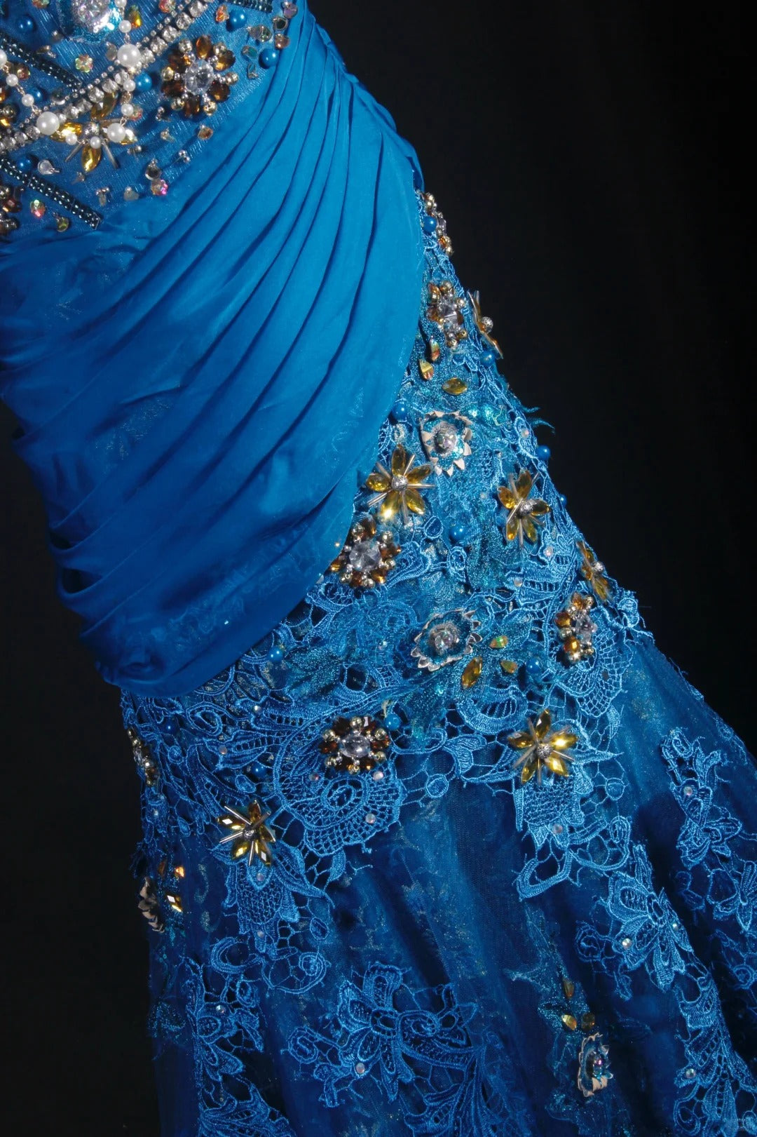 Fantasieblaues, exquisites, florales Perlen-Langspitzen-Satin-Ballkleid, Partykleid, Vintage, NV5211