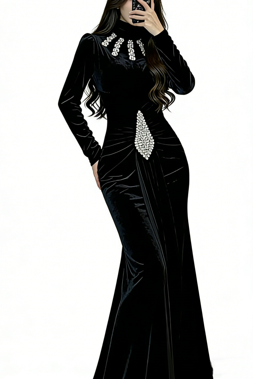 Velvet High Neck Mermaid Statement Dress - Crystal Fringe Ruched Slim Evening Gown  NV6795