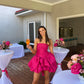 Robe de soirée d'anniversaire rose vif à épaules dénudées et coupe trapèze nv2122