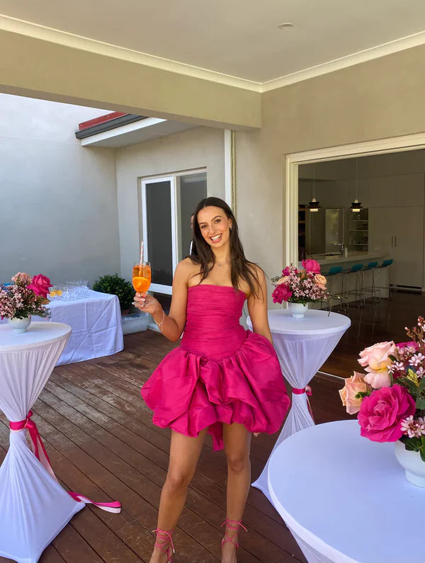 Robe de soirée d'anniversaire rose vif à épaules dénudées et coupe trapèze nv2122