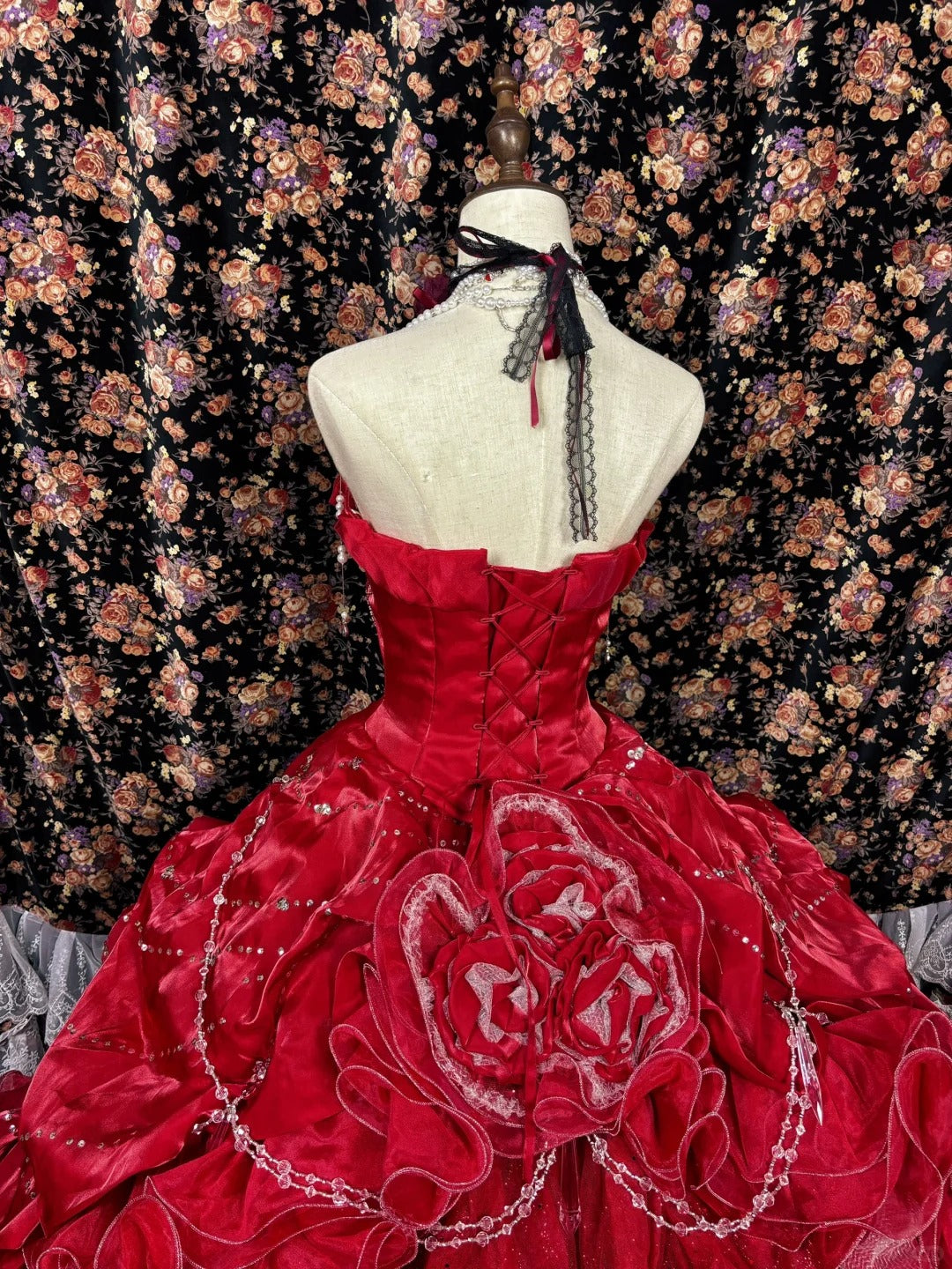 Robe de soirée longue en satin à fleurs et perles, style princesse, rouge, robe de bal, robe de quinceanera, nv4650
