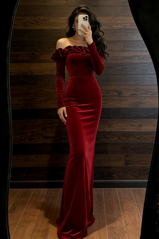 Glamorous Burgundy Velvet Off-Shoulder Fishtail Gown NV6749