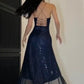 Navy Blue Fashion Elegant Low Cut V Neck Sequined Long Tulle Slit Evening Dress Prom Party Dress nv2609