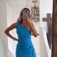 Robe de cocktail sexy à volants bleus à une épaule, robe de soirée, robe de soirée, nv2144