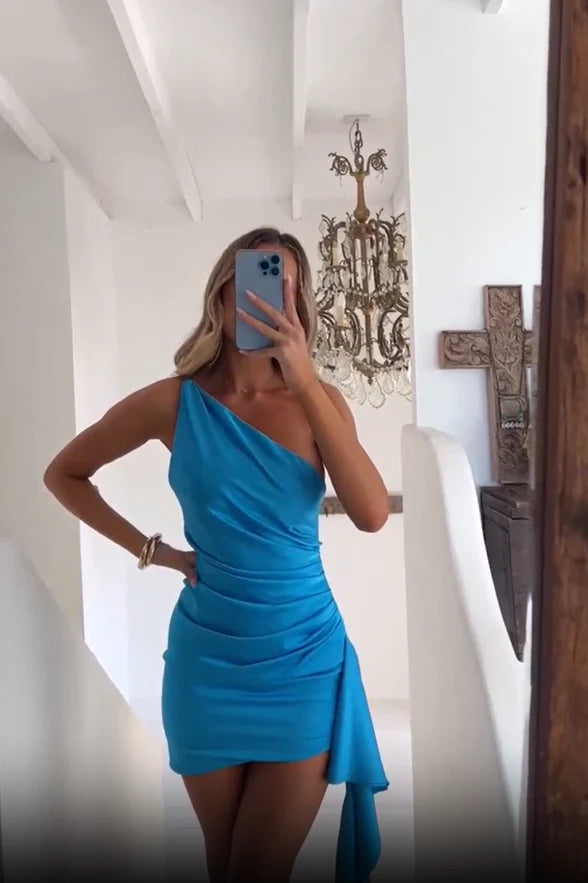 Robe de cocktail sexy à volants bleus à une épaule, robe de soirée, robe de soirée, nv2144