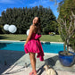 Robe de soirée d'anniversaire rose vif à épaules dénudées et coupe trapèze nv2122