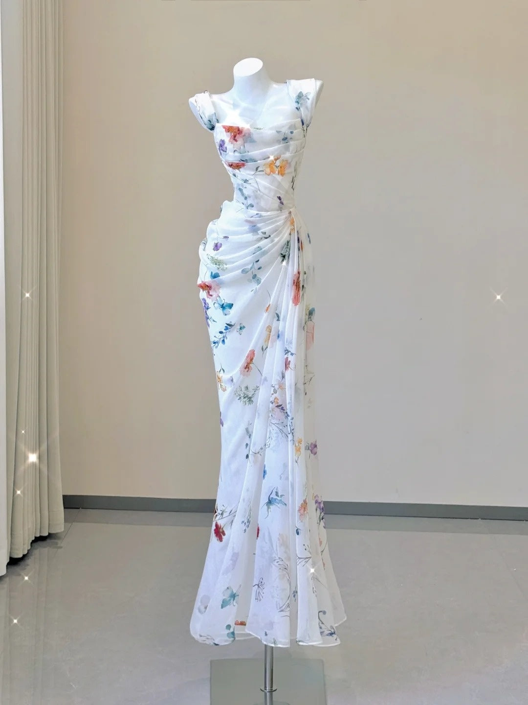 White Floral Elegant Sweet Sophisticated Long Chiffon Ball Gown Evening Dress Party Dress nv4145