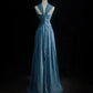 Blaues langes Chiffon-Ballkleid, Abendkleid, Brautjungfernkleid, NV4395
