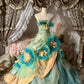 Blaues bodenlanges Ballkleid aus floralem Tüll nv5171