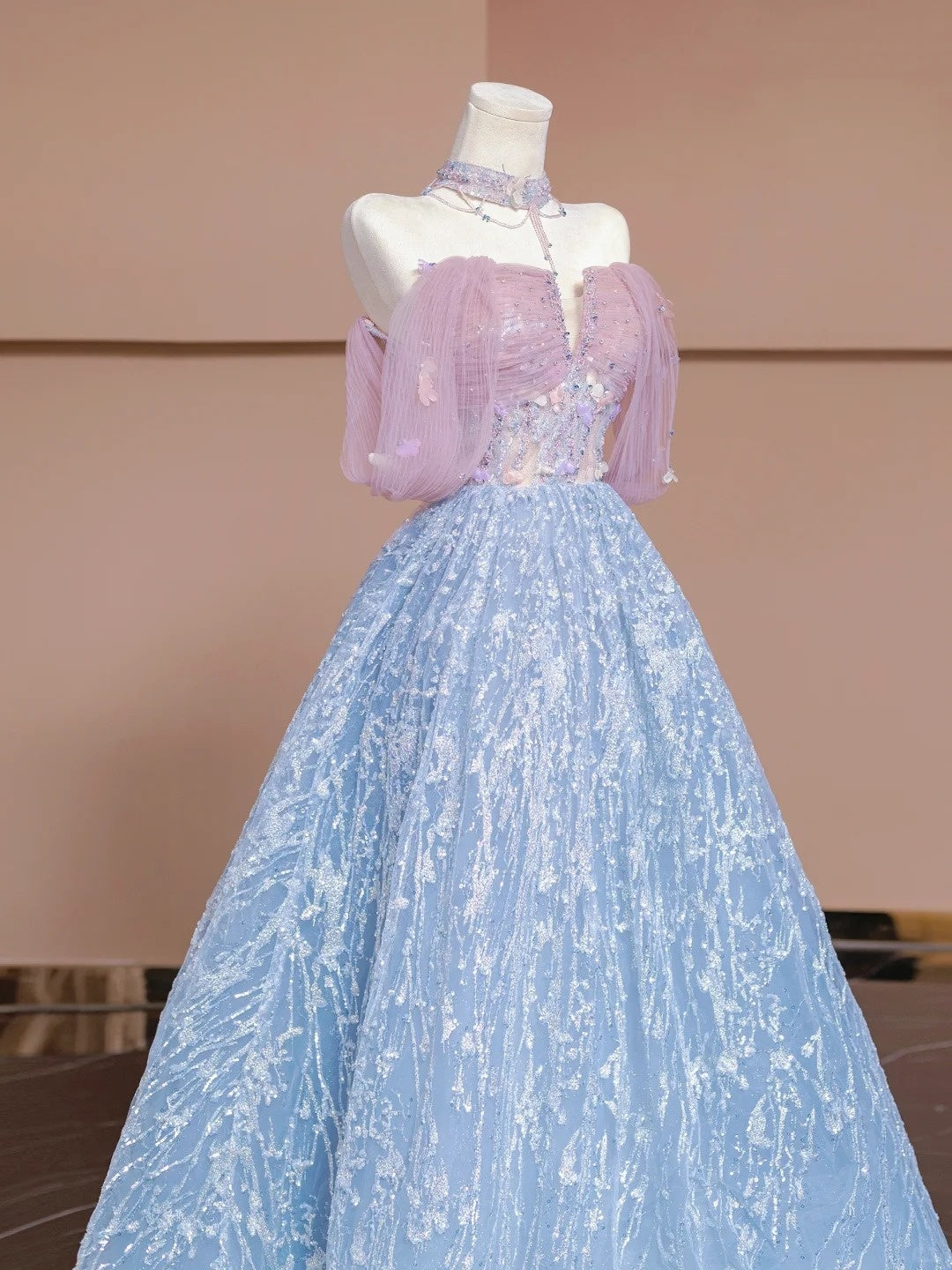 Rosa Blau Perlen Lange Tüll Bodenlangen Ballkleid Abendkleid nv5052