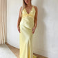 Gelb V-Ausschnitt rückenfrei Mode elegante lange Satin Ballkleid Abendkleid Hochzeitsgast Partykleid nv2013