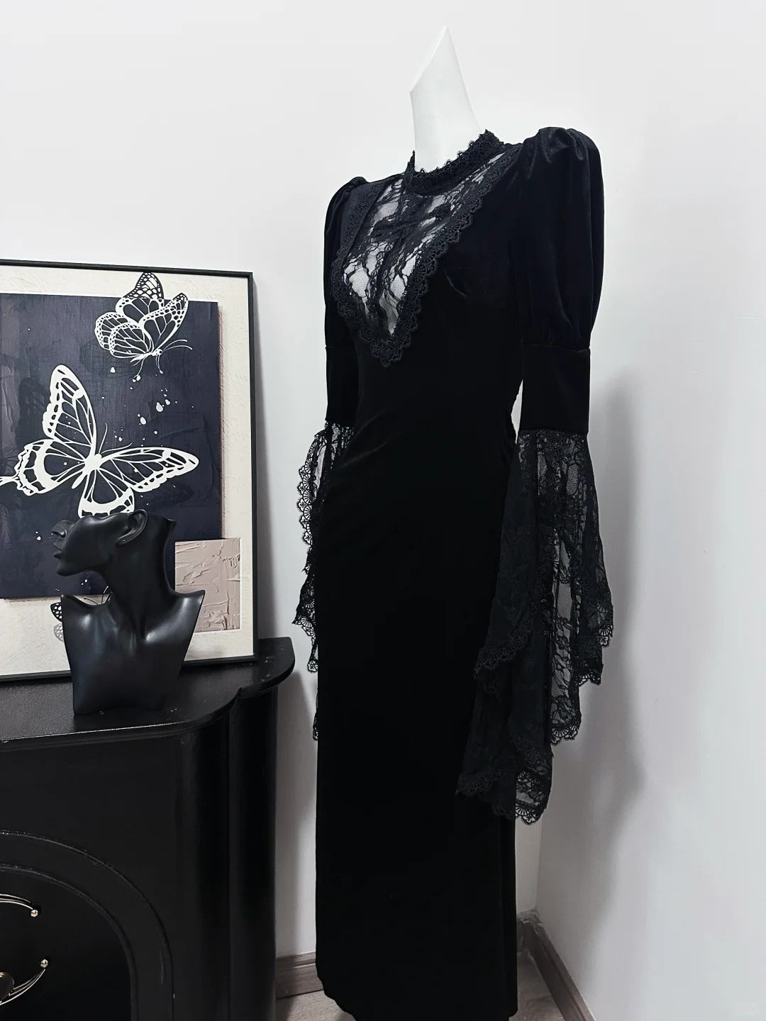 Robe de soirée longue en velours noir, élégante et vintage, en dentelle délicate, robe de bal, robe de soirée, robe de fête d'anniversaire, robe de bal nv4049