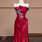 Rotes, perlenbesetztes, langes, bodenlanges Ballkleid aus Satin, nv5050