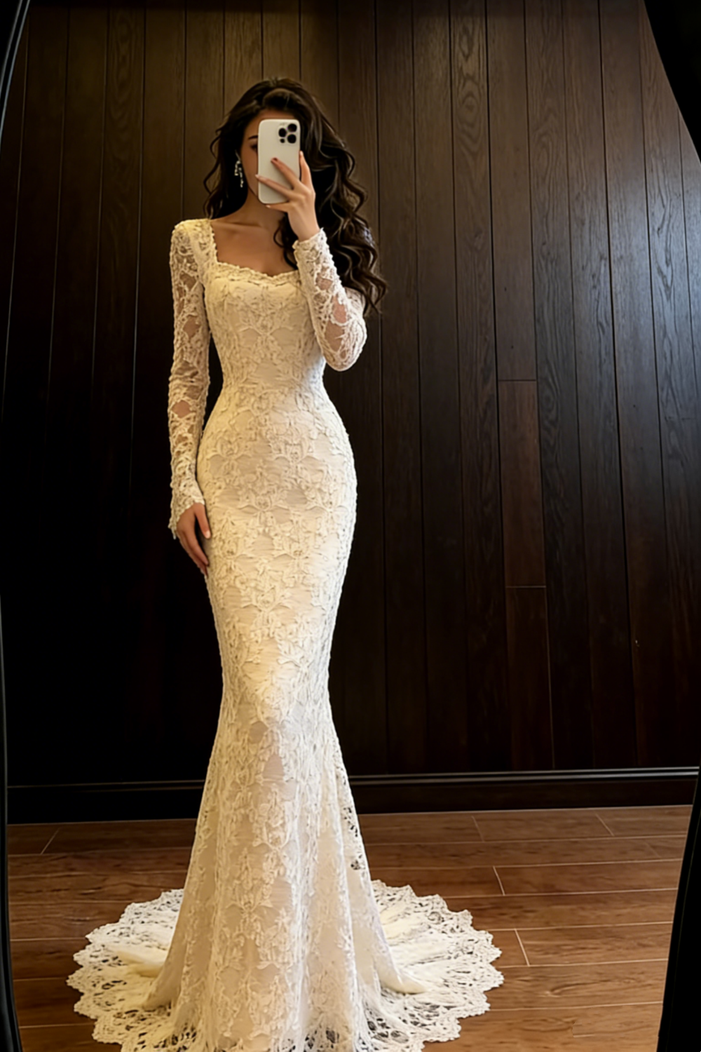 Ivory Lace Square Neck Long-Sleeve Mermaid Wedding Gown with Train NV6754