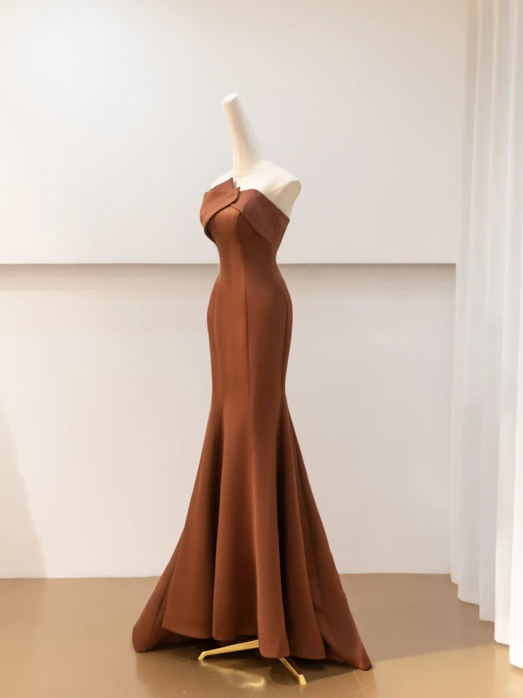 Robe de soirée longue en satin marron, élégante, style sirène, en tulle, nv4752