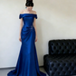 Deep Sea Blue Off-Shoulder Gown - Cowl Neck Beaded Knot Train Evening/Red Carpet/Theme Ball Maxi Dress NV6824