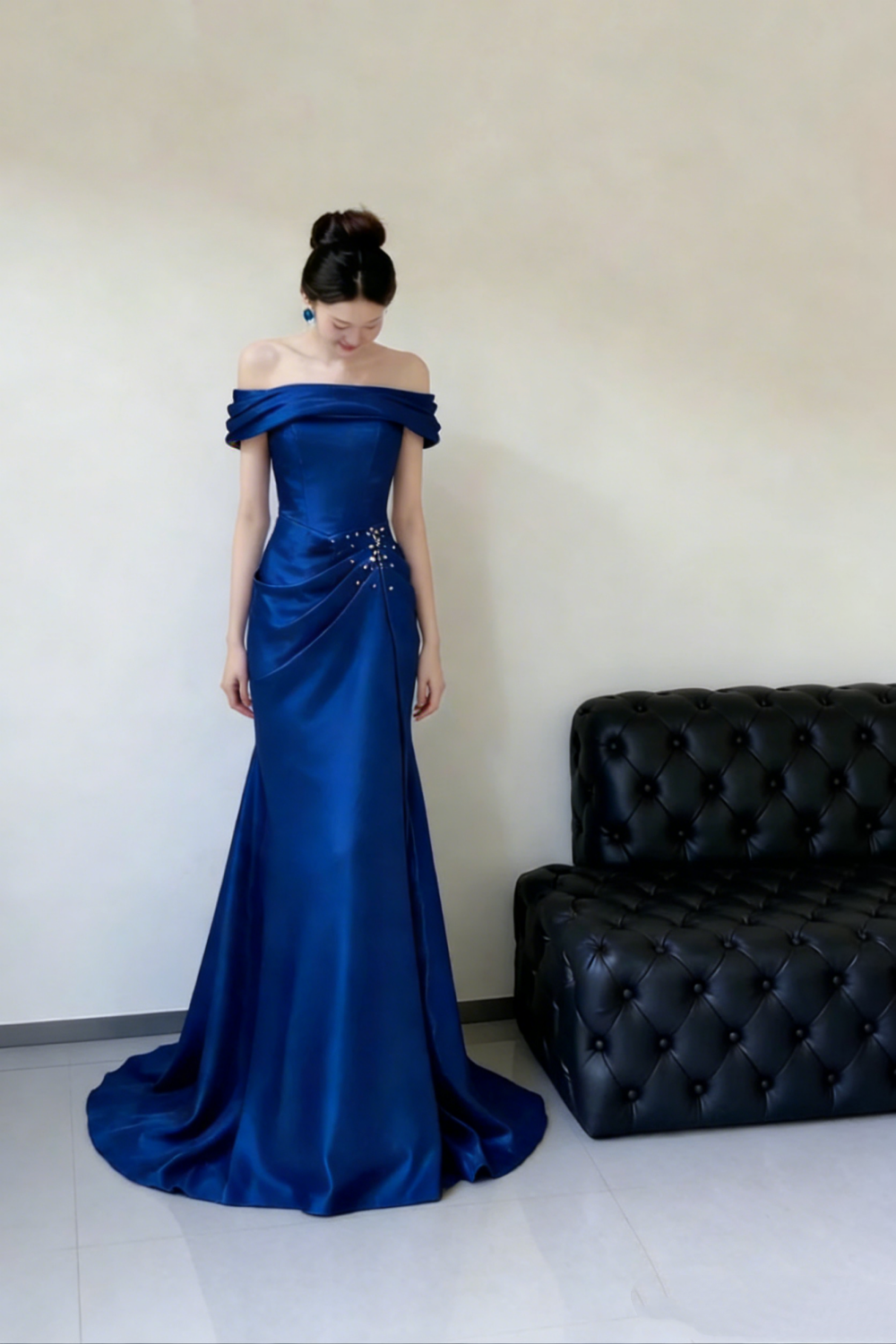 Deep Sea Blue Off-Shoulder Gown - Cowl Neck Beaded Knot Train Evening/Red Carpet/Theme Ball Maxi Dress NV6824