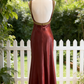 Burgundy Satin Sweetheart Neck Sleeveless Gown - Vintage Luxury Gold Beaded Mermaid Maxi Dress  NV6789