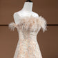 Süßes Champagner-Federkleid mit Perlen, elegantes, langes Tüll-Abschlussballkleid, Abendkleid, Partykleid, NV4749